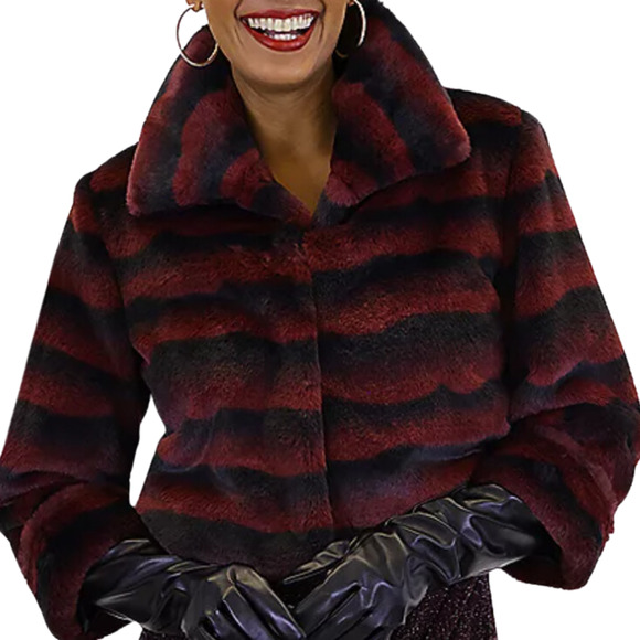 Dennis Basso Cropped Faux Fur Jacket in Wine NWT Size S - Picture 2 of 4